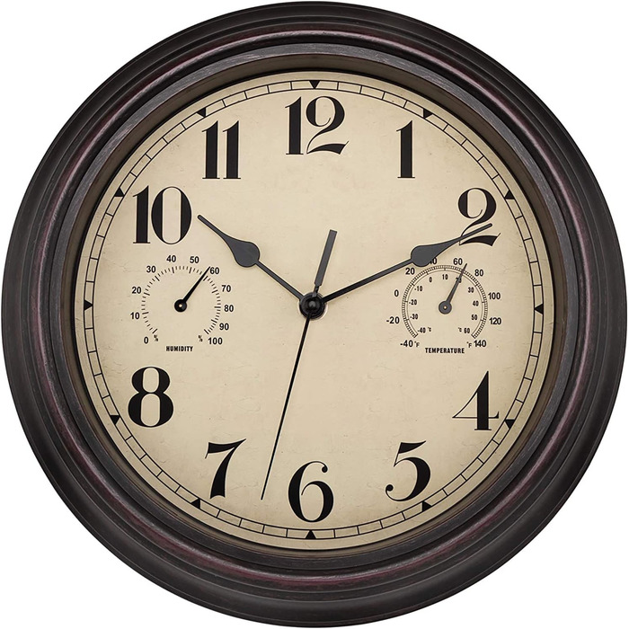 Foxtop Funk Wall Clock, Indoor Outdoor Weatherproof Wall Clock with Temperature Display and Hygrometer, No Ticking Sound Silent Retro Clock for Terrace Bathroom Kitchen Living Room Home Decor (Bronze, 30cm) (Bronze)