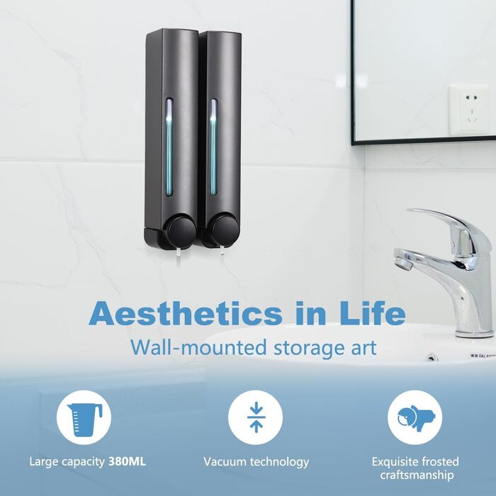 Набір дозаторів для мила та гелю для душу на стіну (2 шт, 380 мл, сірий)