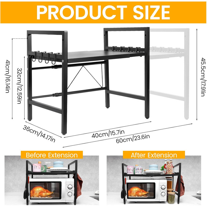 Регульована полиця для мікрохвильової печі, 2-ярусна, розширювана полиця для кухні з вуглецевої сталі з 8 гачками, підставка для кухонного приладдя, стійка для мікрохвильової печі та органайзер для кухні