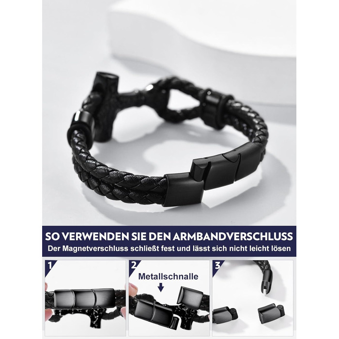Браслет шкіряний чоловічий Bandmax Mjölnir/Череп/Масонство, магнітний замок, 23 см