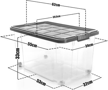 BigDean 4-Piece 60L Storage Box with Lid, Large Steel Grey - Stackable, Robust Box, BPA-Free - Rollable Storage Box with Secure Click Closures - Made in Germany