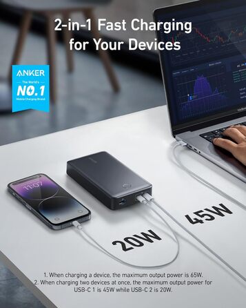 Powerbank Anker 537 PowerCore 24K (65W) - 24000mAh, чорний. Сумісний з MacBook Pro, Dell XPS, iPad Pro, iPhone, iWatch