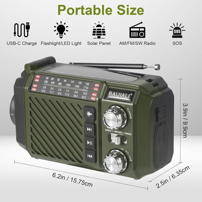Радіо-крутилка Notfallradio з Powerbank 2600mAh, сонячною та USB-C зарядкою, AM/FM/SW приймач, LED ліхтарик та SOS-сигналом для екстрених наборів (зелене)