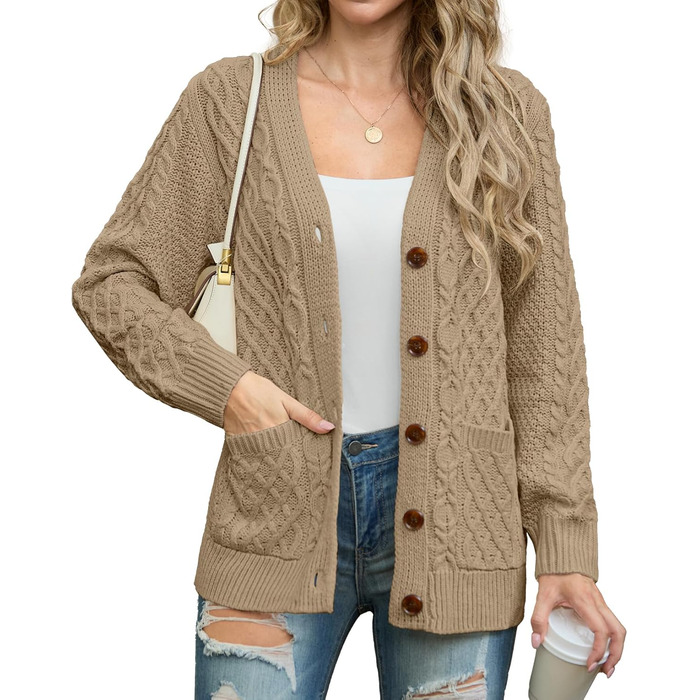 Жіночий в'язаний кардиган GRECERELLE з V-подібним вирізом та ґудзиками, класичний стиль, осінь-зима, бежевий колір