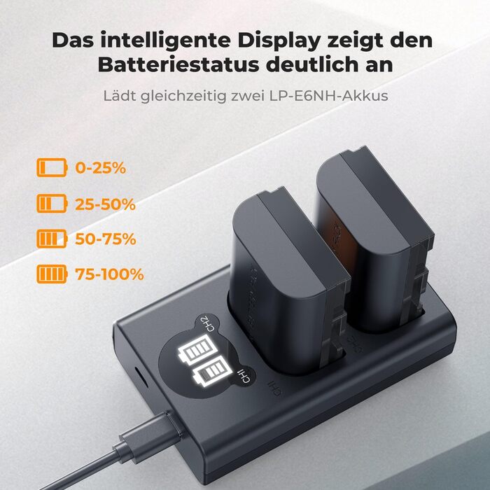 Акумулятор K&F Concept LP-E6NH 2600mAh (2 шт.) з зарядним пристроєм для Canon EOS R7, R5, R6, 6D II, 7D II, 60D, 70D, 80D, 90D