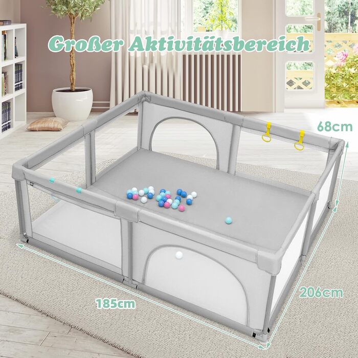 DREAMADE Playpen Baby 206 x 185CM, Folding Playard, Safety Gate with Breathable Mesh & 50 Balls, Child Safety Barrier with 2 Doors (Gray, without mattress) Gray without mattress