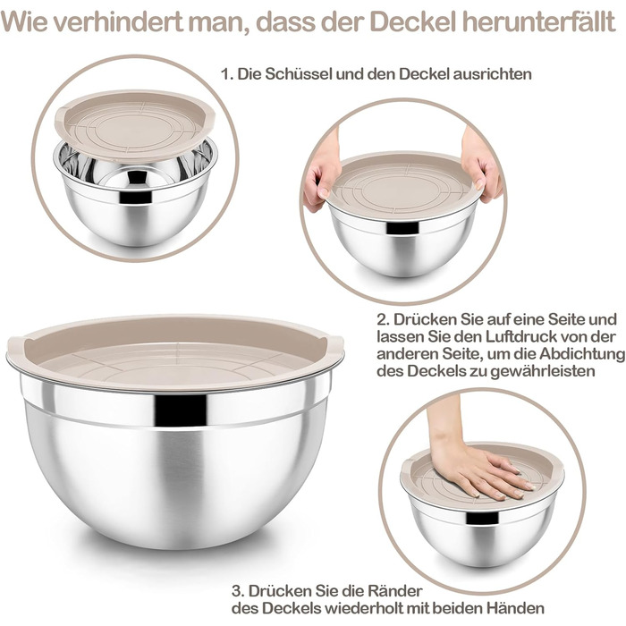Homikit Mixing Bowls, 7-Piece Stainless Steel Bowl Set with Airtight Lid, Stackable Salad Bowl for Cooking/Baking/Serving, Dishwasher Safe, 6.5/4.5/2.7/2.5/1.5/1.2/0.7L, Khaki
