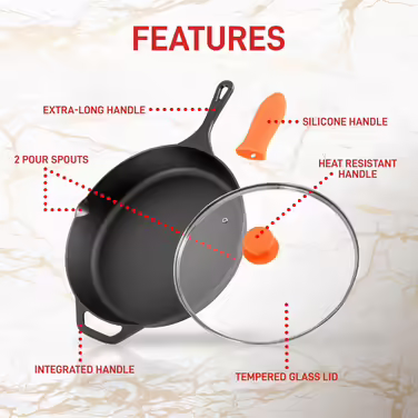 NutriChef Frying Pan with Lid, 30cm - Frying Pan - with Ergonomic Silicone Handle & High Rim, Pan made of Cast Iron, Non-Stick Coated, for Induction, Ceramic, Gas & Electric, PFOA & PFOS-Free 30cm Frying Pan