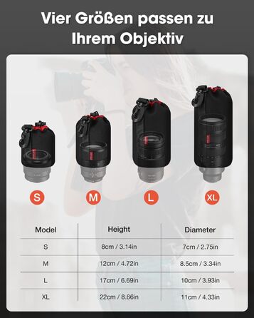 Набір чохлів для об'єктивів з неопрену, 4 розміри, для Canon, Nikon, Tamron, Sigma, Pentax, чорний/червоний