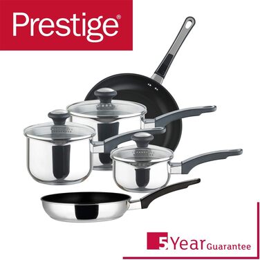 Набір каструль і сковорідок Prestige 70106, 5 предметів, нержавіюча сталь, 14/16/18 см каструлі, 20/24 см сковорідки, чорний/сріблястий