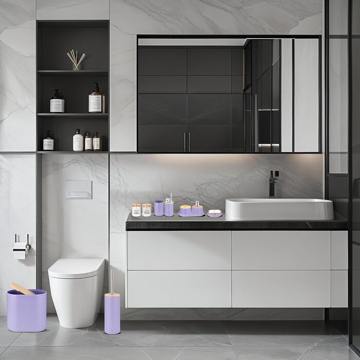 Набір для ванної кімнати IMAVO, 26 предметів: душовий завіс, килимок, смітник, піднос, дозатор мила, мильниця, тримач для зубних щіток, стакан для зубних щіток (фіолетовий, 11 предметів)