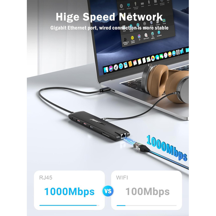 Док-станція Lemorele 13-в-1: USB-C/A, 10Gbps, 3 монітори, 2 HDMI 4K, Ethernet, 4 USB 3.2/2.0, VGA, Type-C 3.1, PD 100W, Audio, SD/TF, для Windows, MacBook