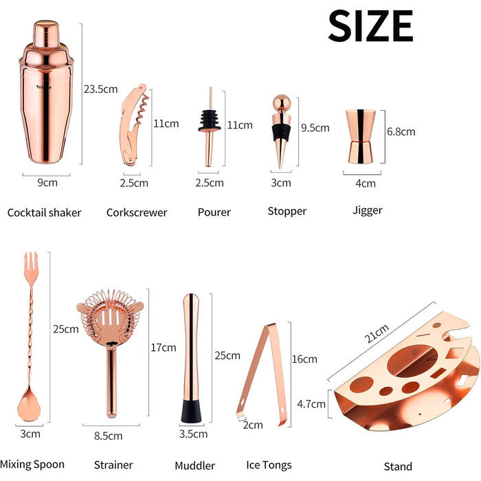 Набір шейкерів для коктейлів Velaze, 10 предметів, нержавіюча сталь, рожеве золото, професійний барний набір для дому, бару та вечірок