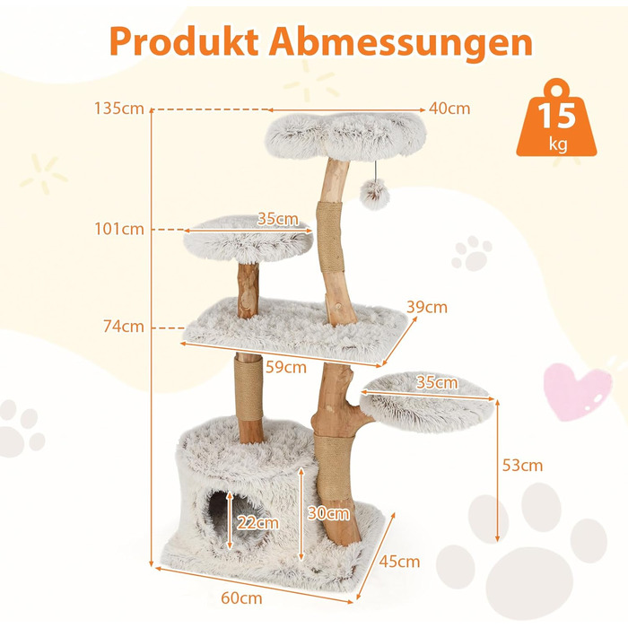 Дерев'яна кігтеточка для котів Costway 87 см з гамаком та джутовими стовпами, білий кігтеточний комплекс з 2 стовпами та печереєю