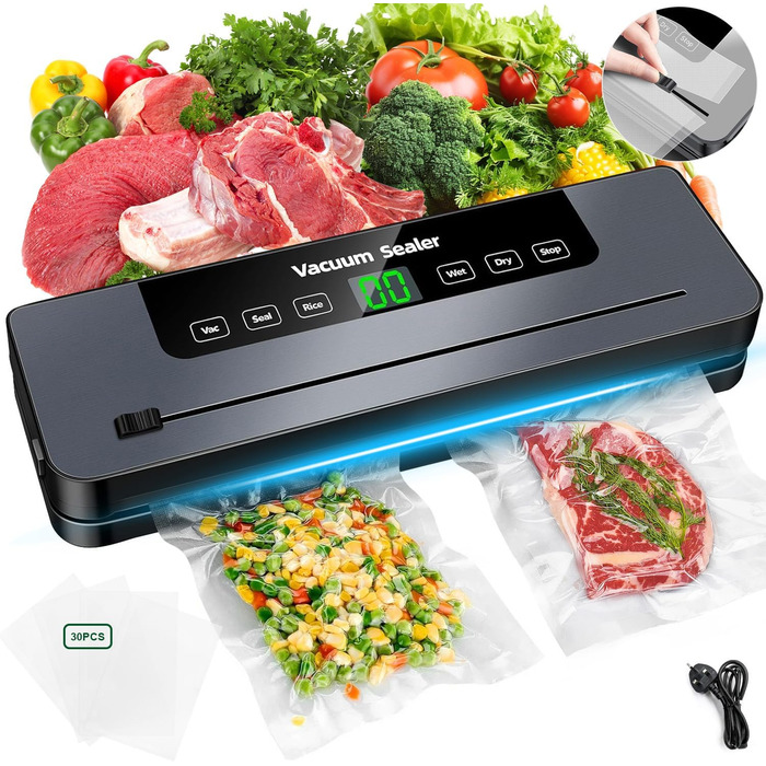 Вакуумний пакувальник 6-в-1 з LED-дисплеєм та 30см зварювальною лінією, 50 шт. пакетів, зовнішній шланг, для сухих та вологих продуктів (сріблястий)