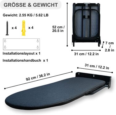 Настінна розкладна дошка для прасування Wandmontierbares Faltbügelbrett, 92 x 31 см, чорна