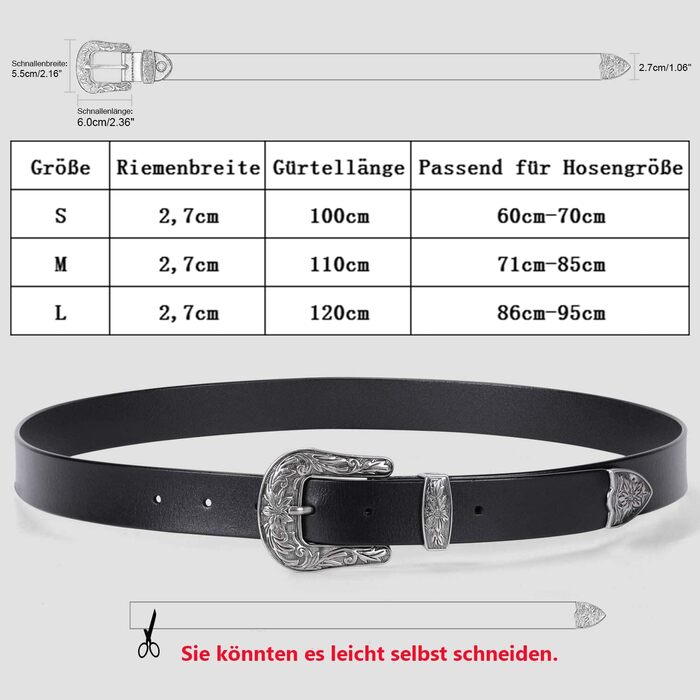 Жіночий шкіряний ремінь JasGood для джинсів та штанів, вінтажний стиль, колір чорний, розмір M (110 см)