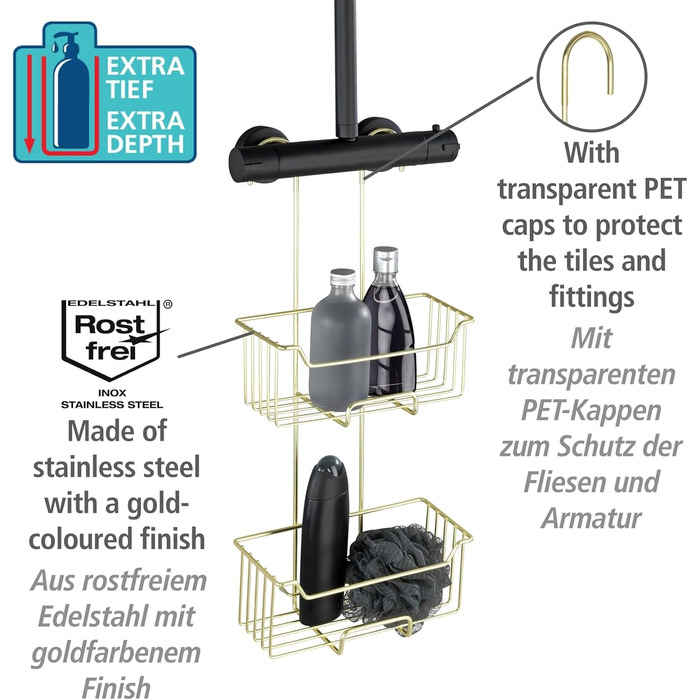 WENKO Thermostat Shower Caddy Model Milo, 2 Tiers, Shower Shelf for Hanging on the Faucet, Stainless Steel (Rustproof) Shelf, 25 x 55 x 14 cm, Gold