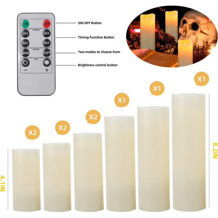 LED Candles, Set of 9 Flameless Candles, Battery-Powered Candles Flicker, D5.5cm x H10/12.5/15/17.5/20/22.8cm, Real Wax Pillar Candles with Remote Control and 24-Hour Timer Function (Ivory)