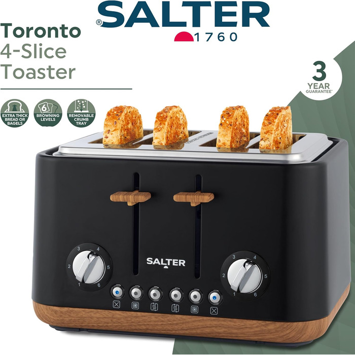 Тостер Salter Toronto 1.7L, 3kW, 360° обертання, фільтр від накипу, дерев'яний дизайн, бездротовий, захист від сухого кипіння, автовимкнення, контролер Otter, чорний