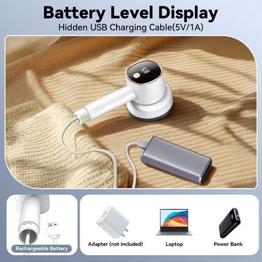 Електричний видалення ворсу з LED-дисплеєм - 6 лез з нержавіючої сталі, 3 швидкості, USB-зарядка. Підходить для одягу, пледів, диванів та постільної білизни (білий)