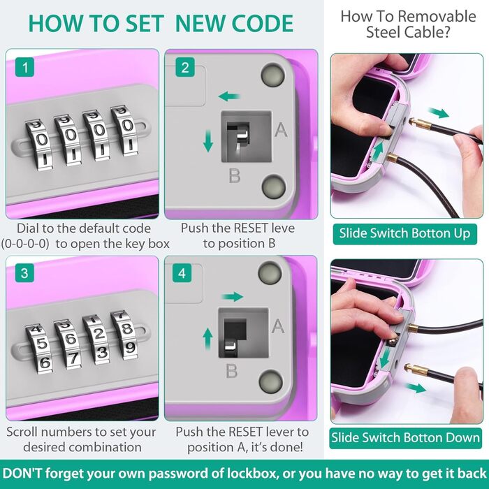 Сейф портативний з кодовим замком ORIA, вологостійкий, з тросом, для подорожей, пляжу, кемпінгу, офісу (рожевий)