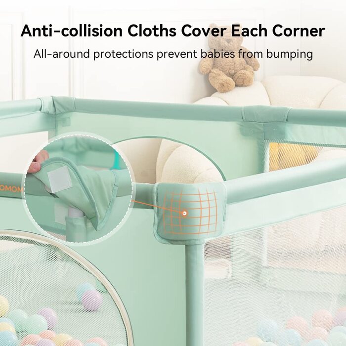 COMOMY Playpen Baby, 150x180x66cm Playard Baby Large XXL Safety Play Area Protective Fence for Children with Soft Net, Non-Slip Oxford Bottom, Balls, Mini Baskets, and 4 Pull Rings 150x180x66cm Dark Green