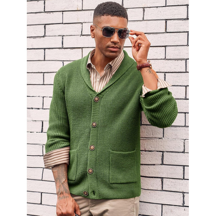 Чоловічий в'язаний кардиган Runcati з коміром-шарфом, візерунок коси, ґудзикова застібка, зимовий, великий, з кишенями (M, Оливковий (Army Green))