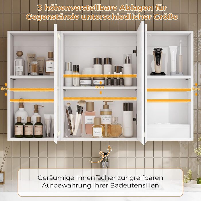 Дзеркало для ванної кімнати зі світлодіодним підсвічуванням, розеткою та 3 колірними температурами | Шафка для ванної кімнати 60x90x16 см (ВxШxГ), диммер + сенсорне управління | Біла шафка-дзеркало для ванної кімнати з 3 регульованими полицями та дзеркало