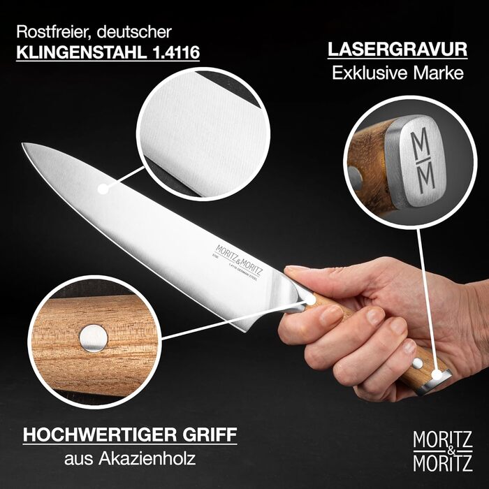 Ніж кухонний Moritz & Moritz Profi Küchenmesser 13 см - універсальний ніж для овочів, м'яса та фруктів, з ергономічною ручкою з акації, німецька сталь (базовий набір)