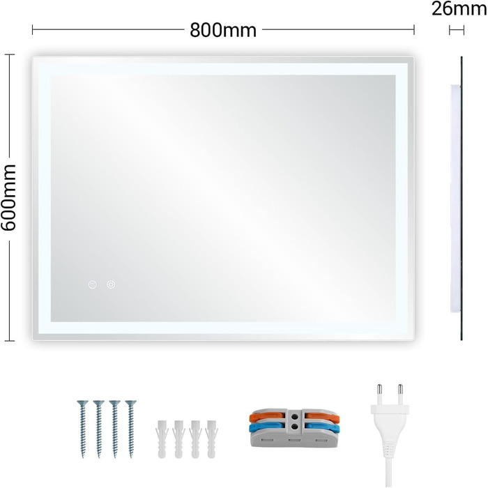 Дзеркало для ванної кімнати Clevich з підсвічуванням 70x50 см, LED дзеркало з 3 кольорами світла, регульована яскравість, захисне скло, сенсорне управління, функція пам'яті, запобігання запотіванню, 80x60 см