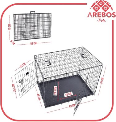 Клітка для собак Arebos | Транспортний бокс для собак, розкладний | Клітка-бокс для собак з 2 дверцятами | Клітка для собак в авто, для дому (63 x 45 x 51 см)