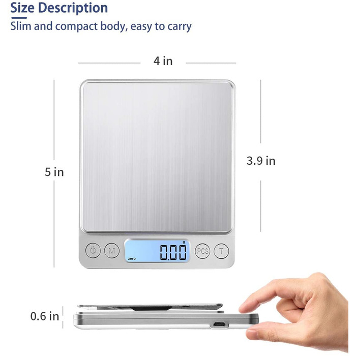 Кухонні ваги 3000г з LCD-дисплеєм та функцією тарування, для їжі та ювелірних виробів, з нержавіючої сталі