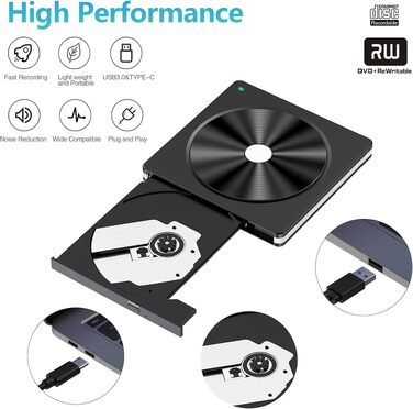 Зовнішній DVD/CD привід USB 3.0 та USB-C, DVD-записувач для ноутбука, ПК, Mac OS, Windows, Linux (Білий)