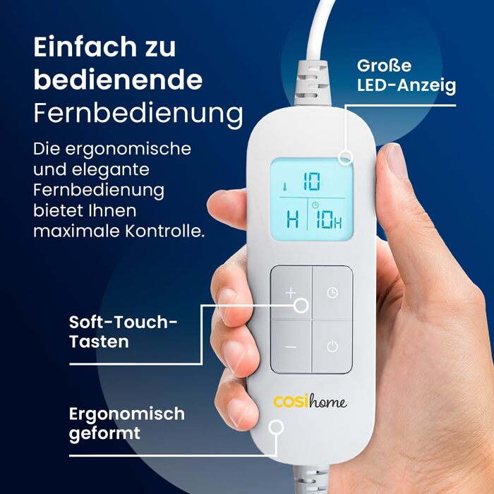 Електрична ковдра Cosi Home 180x130 см з регулюванням температури, захистом від перегріву та пульт дистанційного керування. Sherpa та Fleece, Navy Marineblau