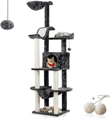 Драбина-стілець для котів Rohrschneider Kratzbaum Travel сірого кольору з інтегрованим м'ячиком та гамаком