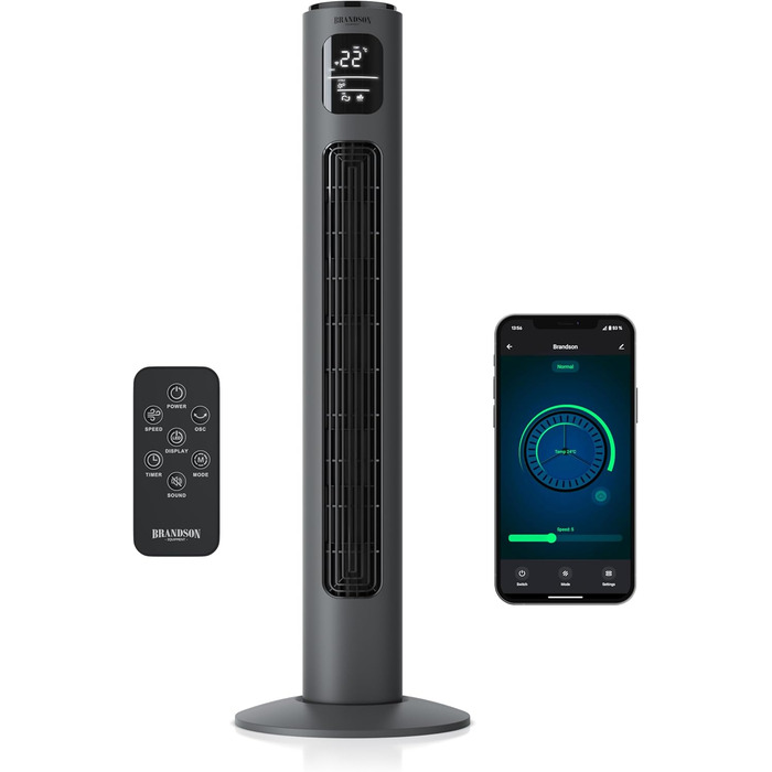 Вентилятор Turmventilator ECO від Brandson: тихий, з Wi-Fi, керування через додаток/Alexa, осциляція, преміум-якість (сірий)