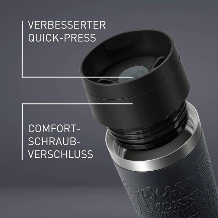Термокружка Emsa N20220 Travel Mug Classic, 0.5 л, нержавіюча сталь, чорна, з кришкою Comfort-Verschluss, 6 год гаряча, 12 год холодна, 100% герметична, для подорожей