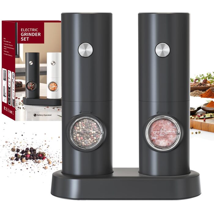 Електричні млинці для солі та перцю CIRCLE JOY, набір 2 шт., з підсвіткою LED, регульованим помелом, чорний