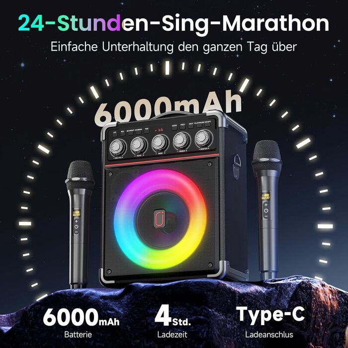 Караоке машина JYX з 2 бездротовими мікрофонами, портативна караоке система з підсвіткою RGB для дорослих та дітей - портативна Bluetooth караоке-бокс з мікрофоном та PA-динаміком, чорний Tx05