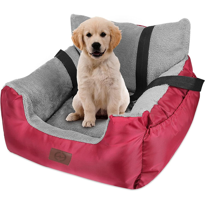 Автокрісло для собак та котів Fareyy - зручне та безпечне автоліжко для маленьких тварин, з підсумком та страхувальним ремінцем, водонепроникне, плюшеве, червоне