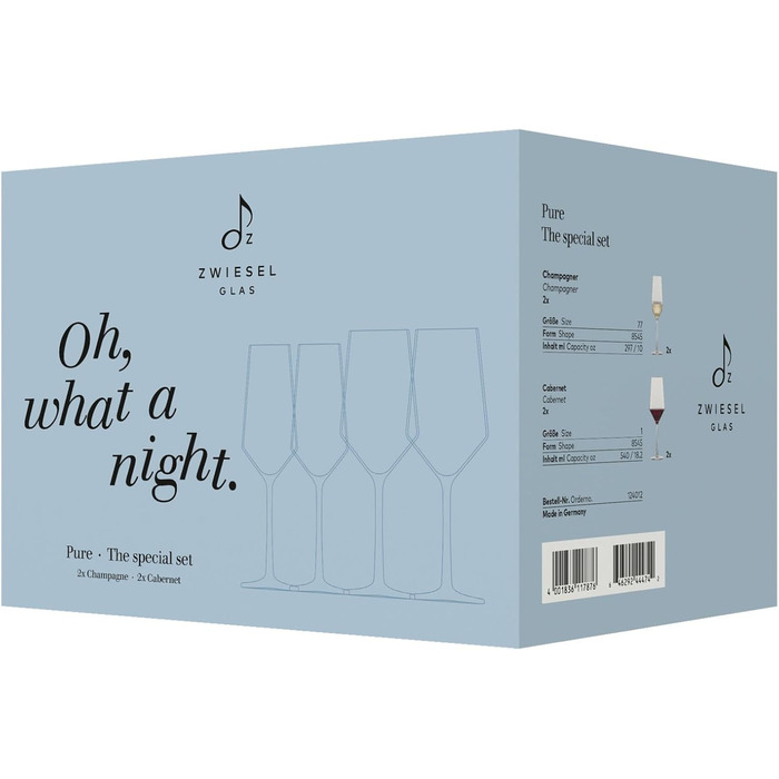 Набір келихів Zwiesel Glas Date Night Pure: 4 шт. (2 шампанських 297 мл, 2 для червоного вина 540 мл), тритан-кристал, для посудомийної машини, вироблено в Німеччині