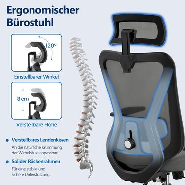 Офісне крісло Yaheetech з регульованою підголовником та поперековою підтримкою, дихаюча сітчаста спинка, широке сидіння, S-подібна спинка, поворотне на 360°, чорний