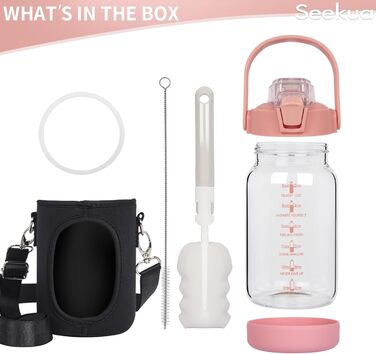 2l Glass Bottle | Drinking Bottle Glass with Straw & Time Marking, Leak-Proof 2 Liter Large Glass Water Bottle for Smoothies, Carbonated Drinks Suitable, Dishwasher Safe (Pink, 1000 ml)