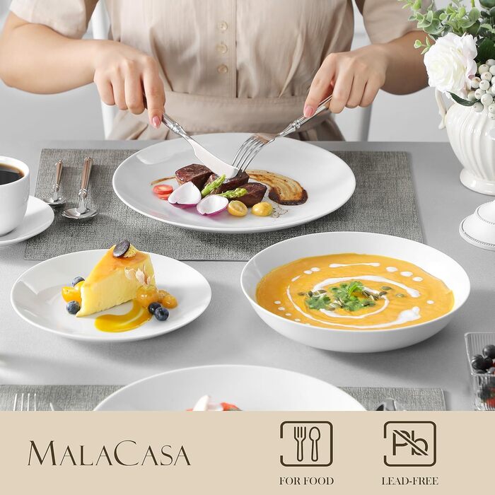 Набір посуду MALACASA Amelia 18 предметів для 6-12 осіб, сучасний порцеляновий сервіс: 6 обідніх, 6 десертних, 6 супових тарілок - білий