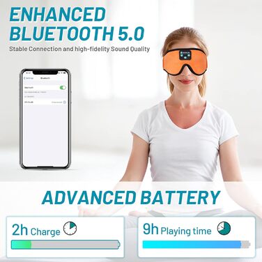 Маска для сну з Bluetooth-навушниками Boodlab 3D, бездротові, миючіся, для сну, медитації, подорожей, помаранчевий колір