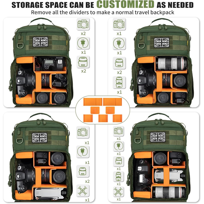 Рюкзак для камери з відділенням для ноутбука 15.6 дюймів - водонепроникний рюкзак для фототехніки, міцний, сумісний з Canon, Nikon, DJI | Знімний підкладковий вкладиш | Ремінь для штатива (Зелений)