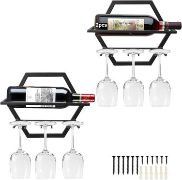 Metal Wall Mounted Wine Holder Stemware Glass Rack, 2Pcs Hanging Glass Wine Rack Wall Mount Red Wine Rack Organizer with 3 Stem Glass Holders for Home Kitchen Bar Display Decor (AA)