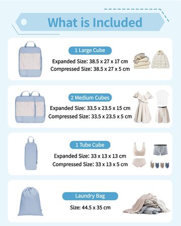 Набір органайзерів для валізи Narwey (5 шт.) - компресійні куби для пакування, аксесуари для подорожей (блакитний)