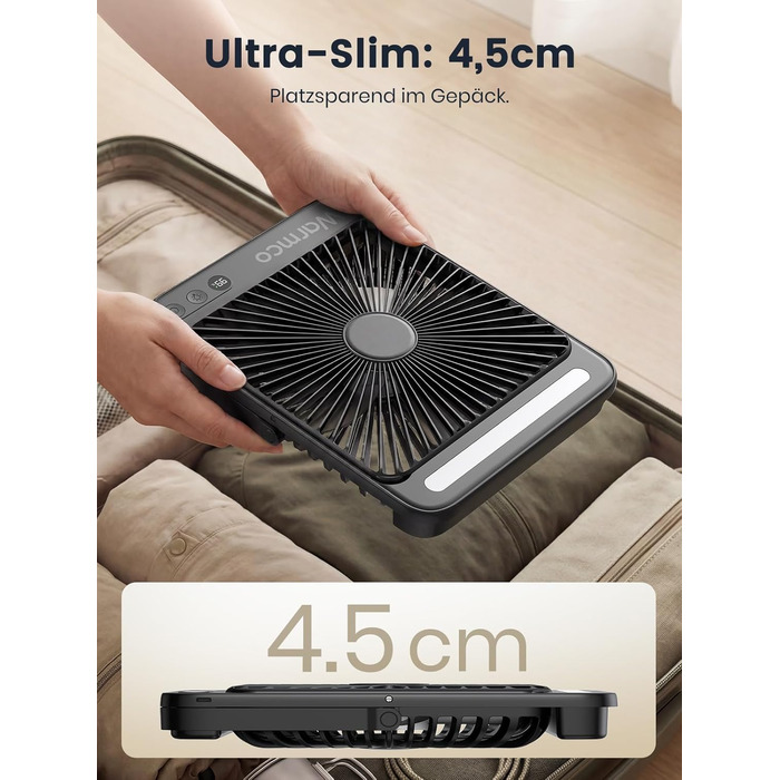 Вентилятор для кемпінгу Warmco 20000mAh з лампою та дисплеєм, 15-48 годин роботи, тихий, ультратонкий, з гачком, USB, чорний